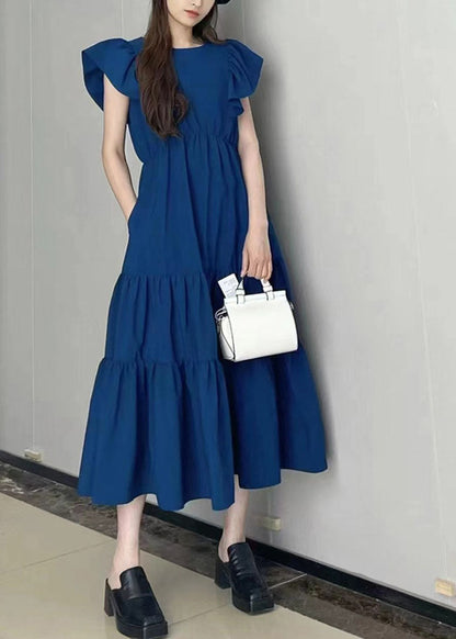 Art Navy Slim Fit Patchwork Wrinkled Cotton Long Dress Petal Sleeve LY1348