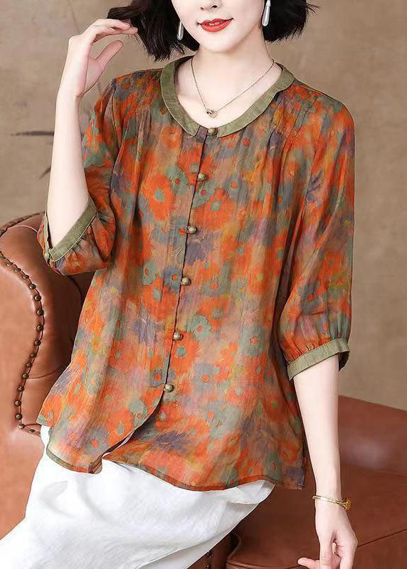 Art Orange O Neck Print Button Patchwork Linen T Shirt Top Summer TP1055