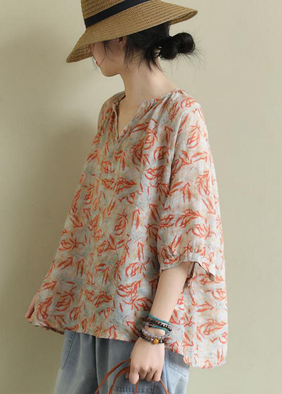 Art Orange V Neck Oversized Print Linen Tank Tops Half Sleeve FR2006