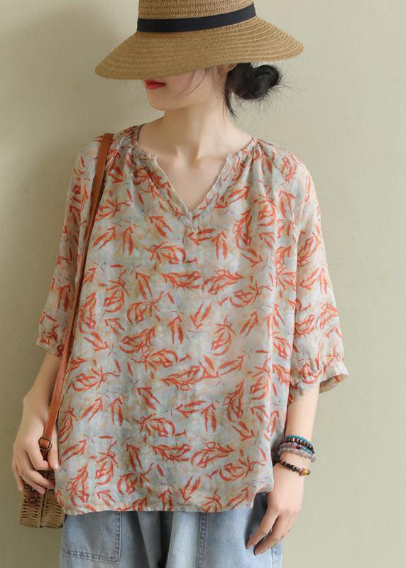 Art Orange V Neck Oversized Print Linen Tank Tops Half Sleeve FR2006