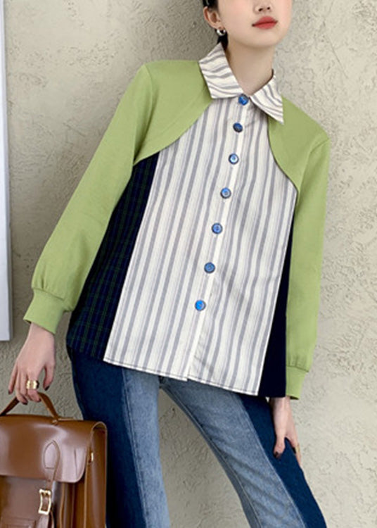 Art Peter Pan Collar Striped Patchwork Button Shirts Long Sleeve LY0799