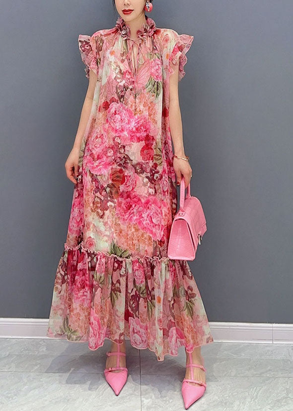 Art Pink Ruffled Print Patchwork Chiffon Two Piece Set Dresses Summer F4074