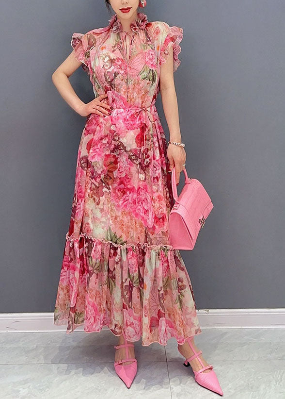 Art Pink Ruffled Print Patchwork Chiffon Two Piece Set Dresses Summer F4074