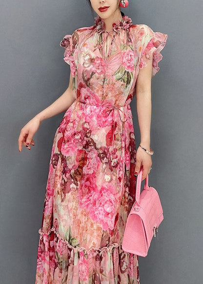 Art Pink Ruffled Print Patchwork Chiffon Two Piece Set Dresses Summer LC0360