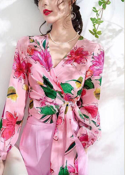 Art Pink V Neck Print Tie Waist Silk Shirts Long Sleeve LY1533