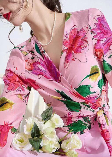 Art Pink V Neck Print Tie Waist Silk Shirts Long Sleeve LY1533