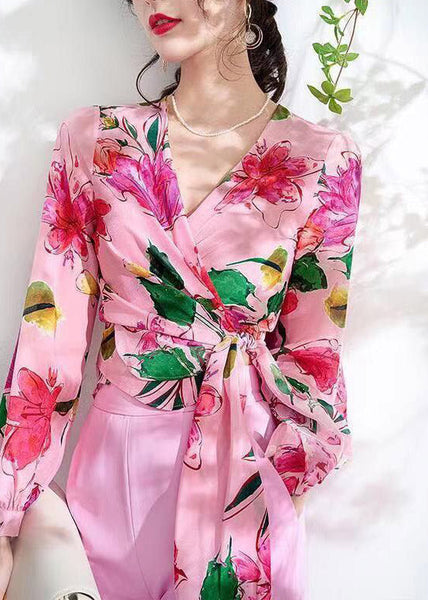 Art Pink V Neck Print Tie Waist Silk Shirts Long Sleeve LY1533