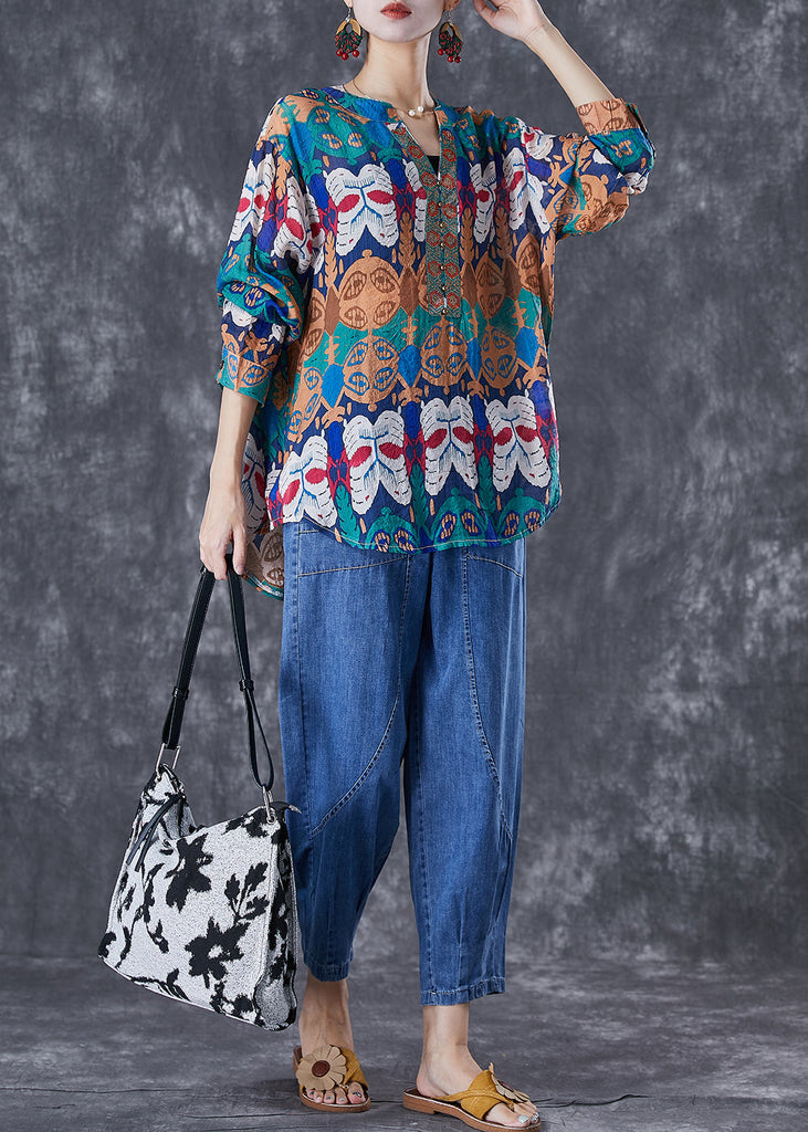 Art Print Oversized Rivet Cotton Shirts And Denim Pants Two Pieces Set Summer TD1034