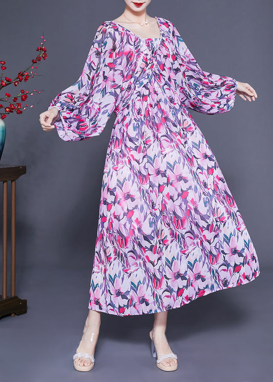 Art Purple Oversized Backless Print Chiffon Ankle Dress Lantern Sleeve LC0417