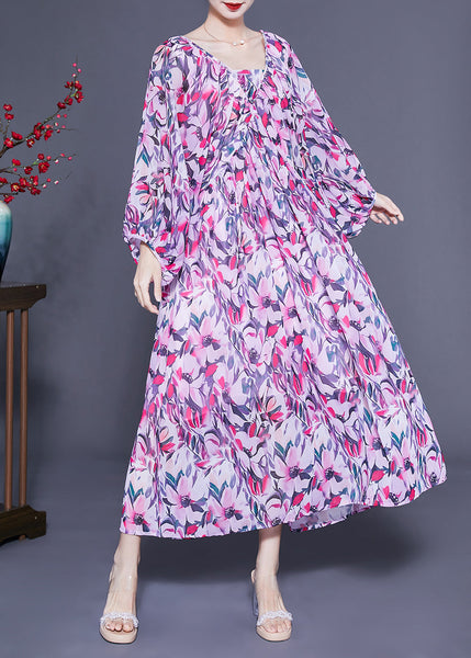 Art Purple Oversized Backless Print Chiffon Ankle Dress Lantern Sleeve LC0417
