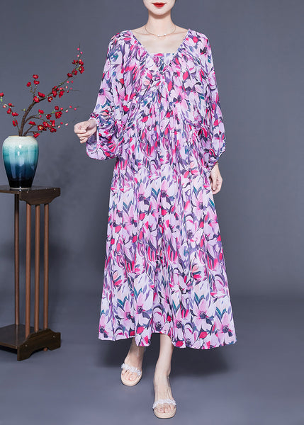 Art Purple Oversized Backless Print Chiffon Ankle Dress Lantern Sleeve LC0417