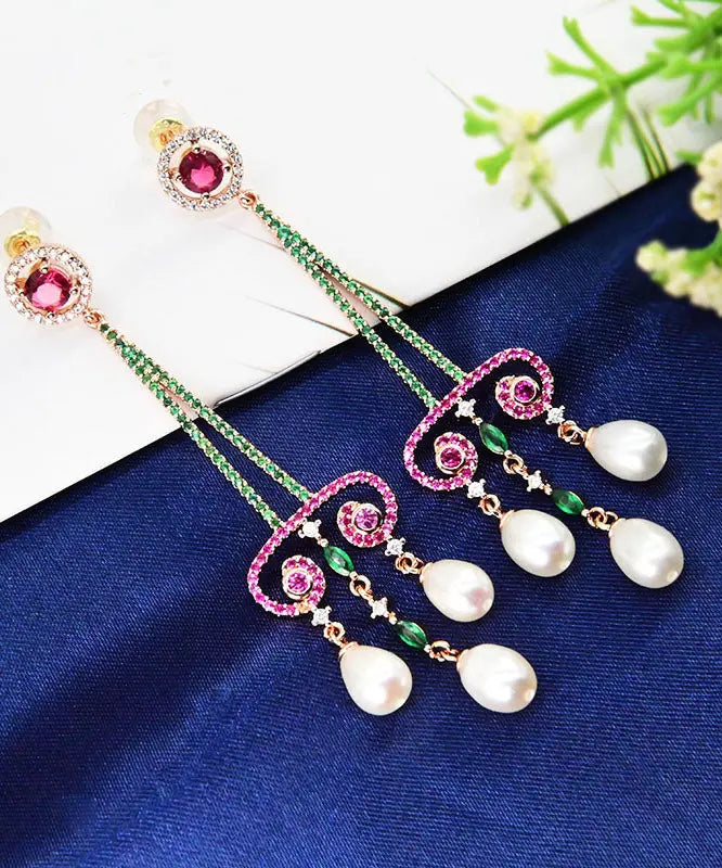 Art Purple Sterling Silver Pearl Zircon Water Drop Tassel Drop Earrings Ada Fashion