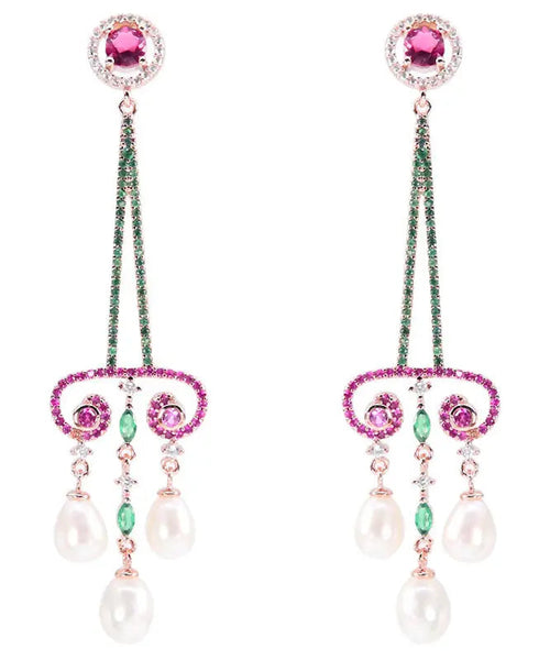 Art Purple Sterling Silver Pearl Zircon Water Drop Tassel Drop Earrings Ada Fashion