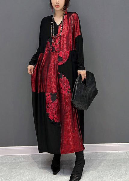 Robe longue imprimée patchwork rouge et noire à col en V, automne HA1028