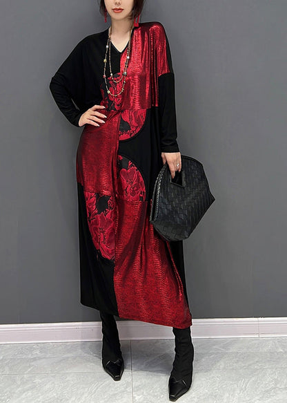 Art Red Patchwork Black V Neck Print Maxi Dress Fall HA1028