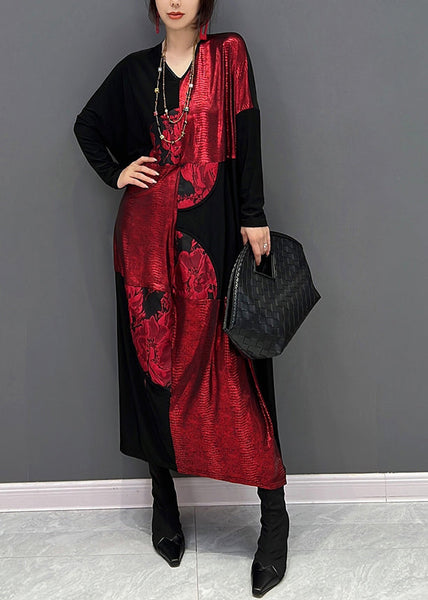 Robe longue imprimée patchwork rouge et noire à col en V, automne HA1028