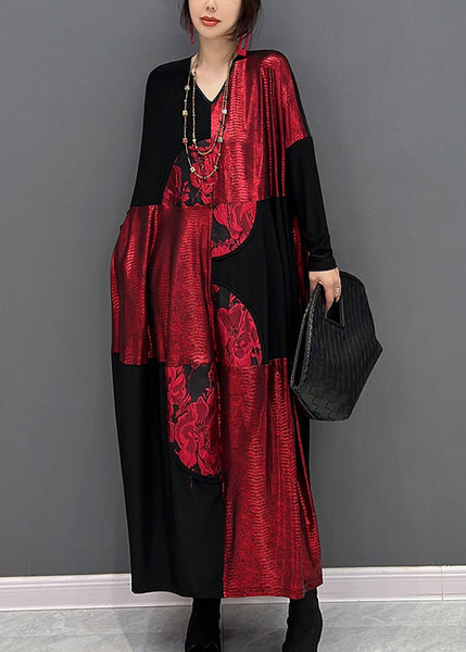 Robe longue imprimée patchwork rouge et noire à col en V, automne HA1028