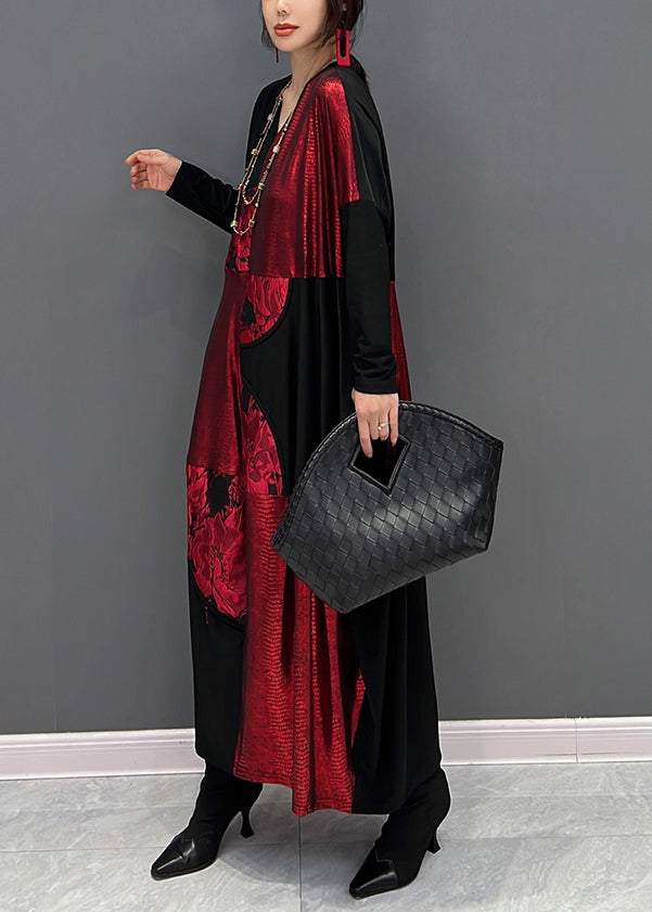 Art Red Patchwork Black V Neck Print Maxi Dress Fall HA1028