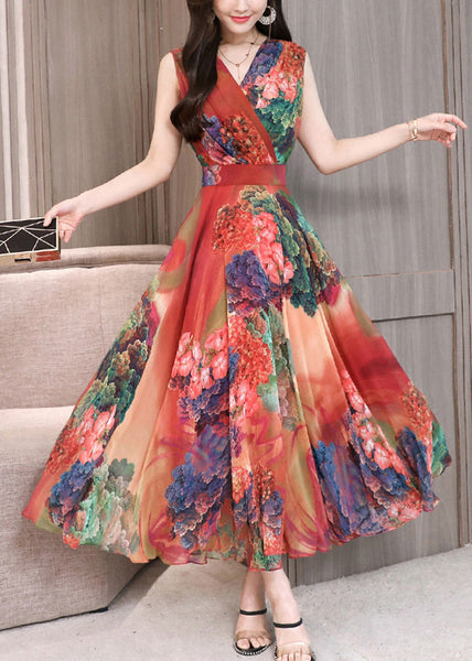 Art Red V Neck Print Tunic Holiday Maxi Dresses Sleeveless LY1719