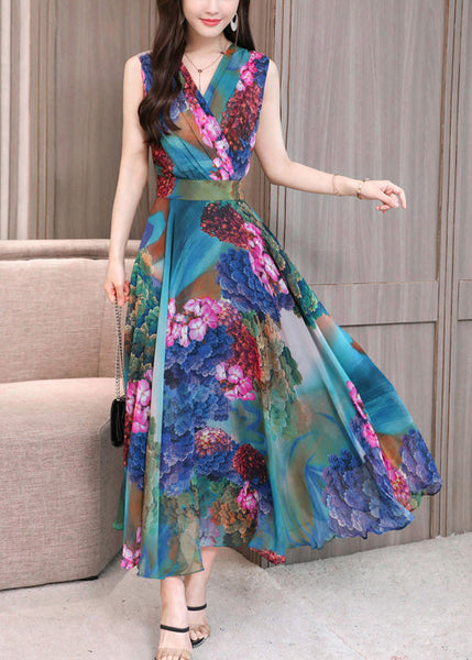 Art Red V Neck Print Tunic Holiday Maxi Dresses Sleeveless LY1719