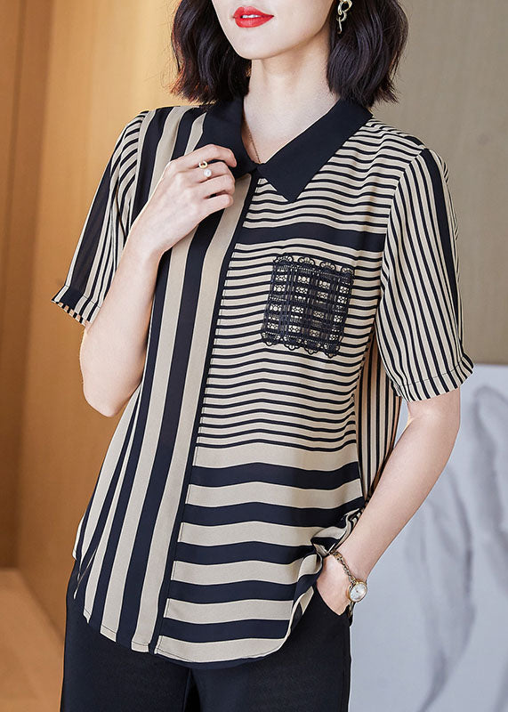 Art Striped Peter Pan Collar Patchwork Chiffon Shirts Top Summer TF1010