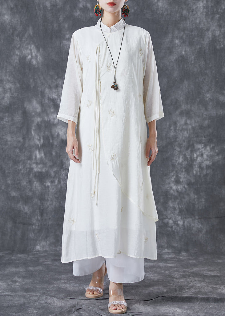 Art White Ruffled Embroideried Tassel Cotton Long Dress Summer TA1024