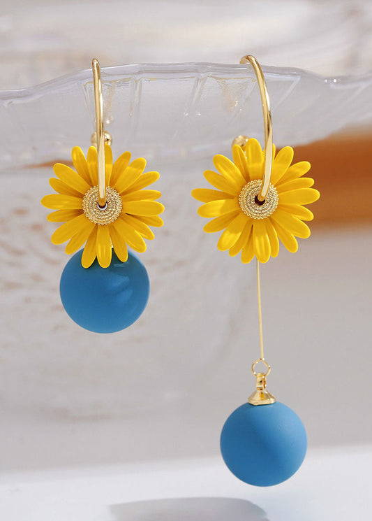 Art Yellow Daisy Asymmetrical Design Metal Drop Earrings HE1029