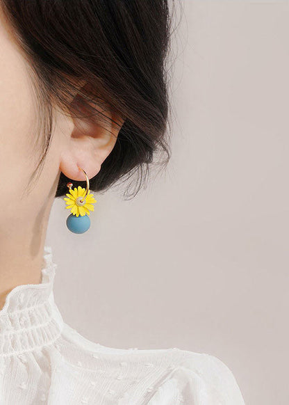 Art Yellow Daisy Asymmetrical Design Metal Drop Earrings HE1029