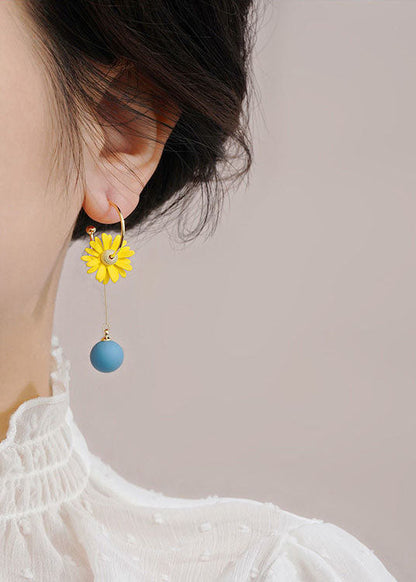 Art Yellow Daisy Asymmetrical Design Metal Drop Earrings HE1029