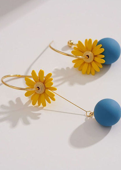 Art Yellow Daisy Asymmetrical Design Metal Drop Earrings HE1029