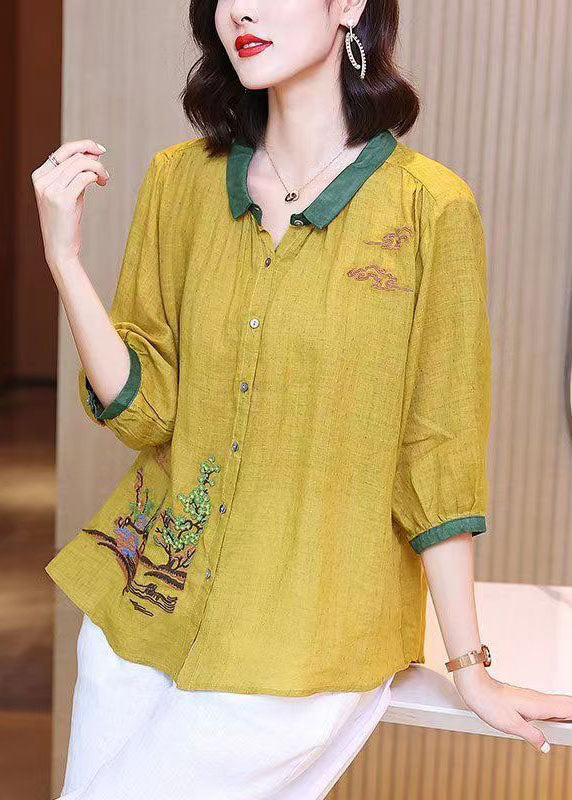 Art Yellow Embroideried Button Patchwork Linen Shirt Tops Summer TP1023