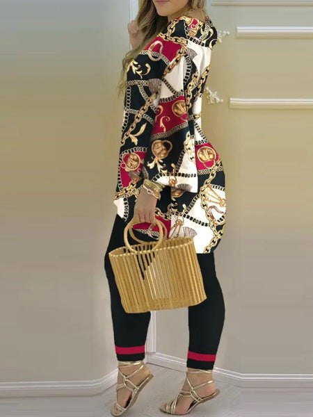 Plus Size V Neck Chain Print Pants Set AC2068