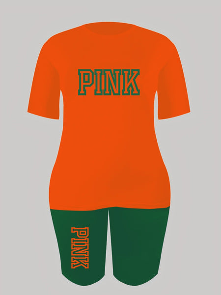 Plus Size Pink Letter Print Pants Set AR5051