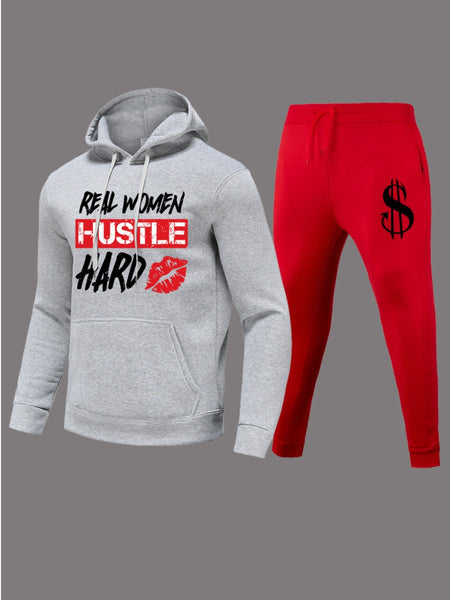 Lip Letter Print Kangaroo Pocket Tracksuit Set AR5024