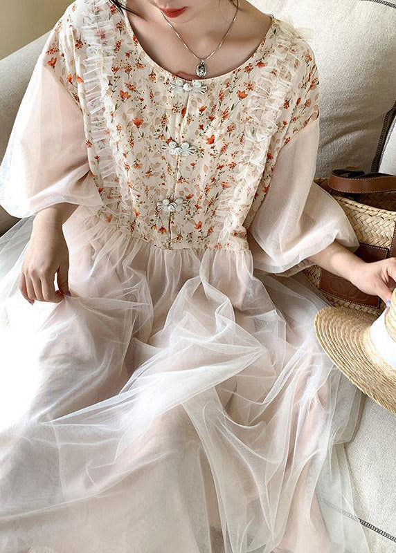 Beautiful Apricot O-Neck Embroideried Tulle Patchwork Maxi Dresses Half Sleeve TI1054