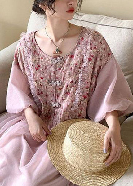 Magnifique robe longue abricot à col rond, patchwork de tulle brodé, manches courtes TI1054