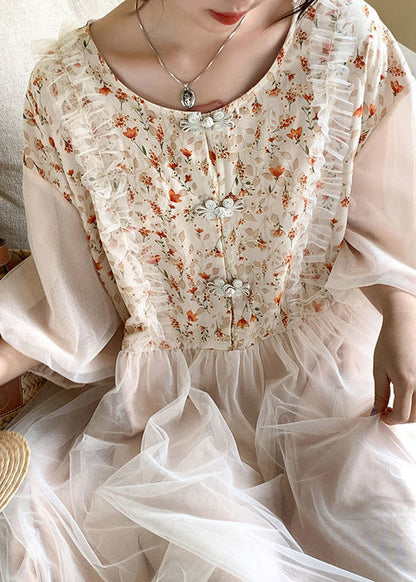 Beautiful Apricot O-Neck Embroideried Tulle Patchwork Maxi Dresses Half Sleeve TI1054