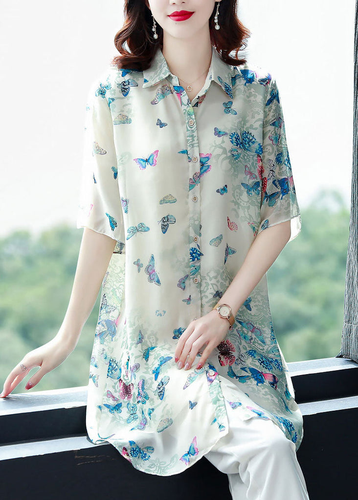 Beautiful Apricot Peter Pan Collar Butterfly Print Chiffon Shirts Top Summer TF1050