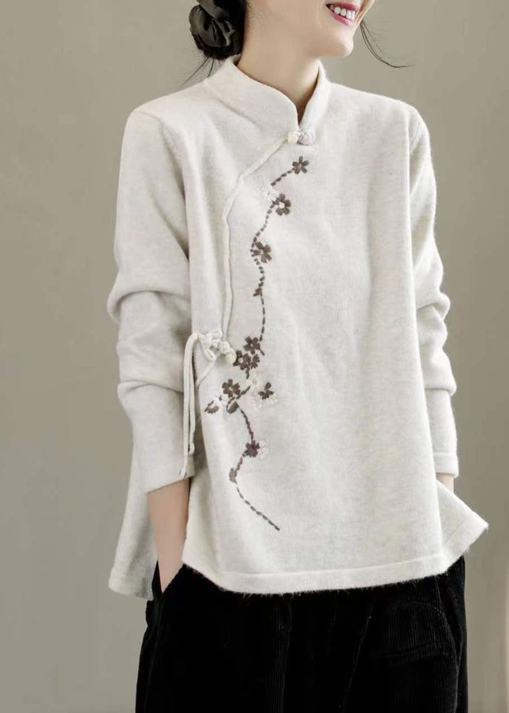 Beautiful Beige Stand Collar Embroideried Chinese Style Knit Tops Spring TG1015