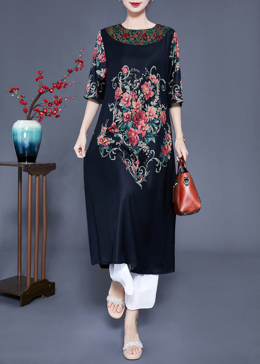 Beautiful Black O-Neck Print Silk Holiday Dress Half Sleeve LY0933