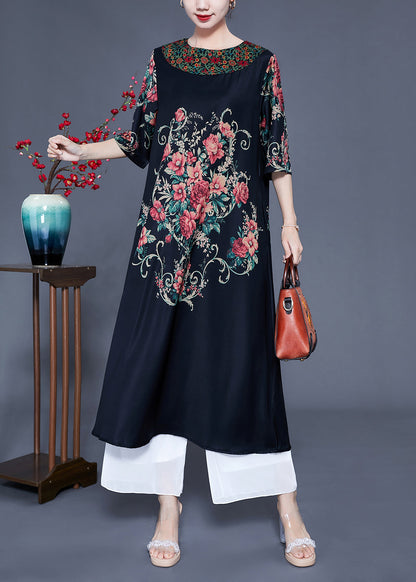 Beautiful Black O-Neck Print Silk Holiday Dress Half Sleeve LY0933