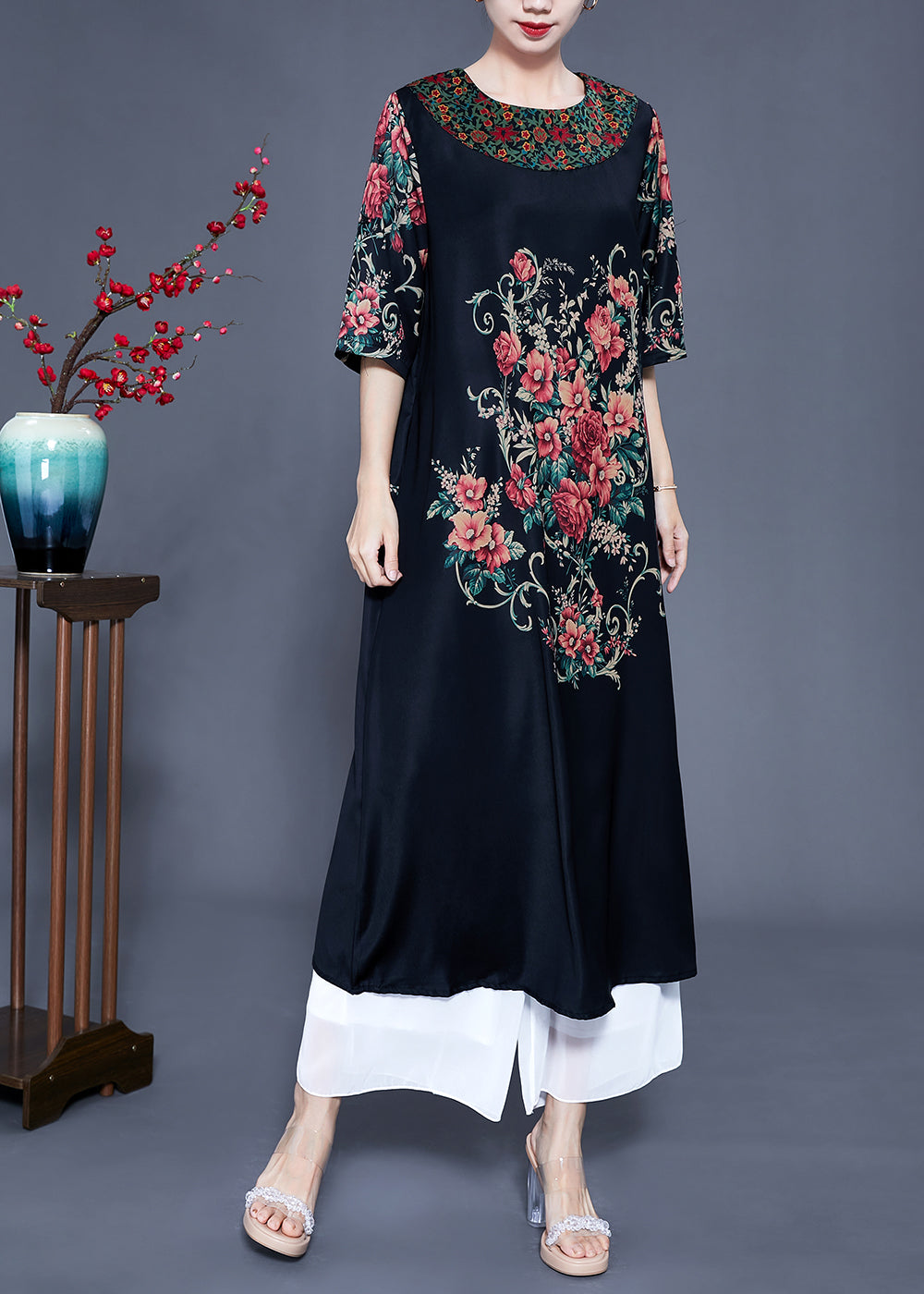 Beautiful Black O-Neck Print Silk Holiday Dress Half Sleeve LY0933