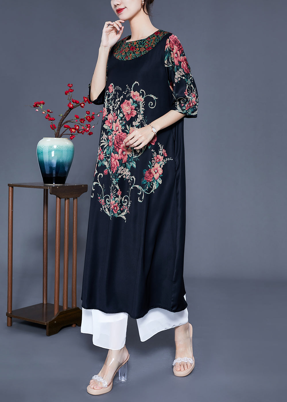 Beautiful Black O-Neck Print Silk Holiday Dress Half Sleeve LY0933