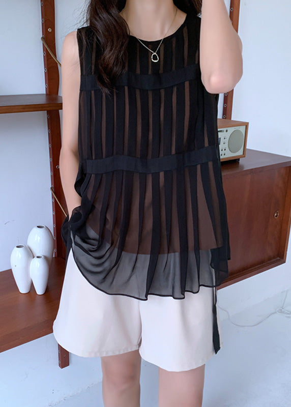 Beautiful Black O-Neck Tie Waist Chiffon Top Summer LY0392