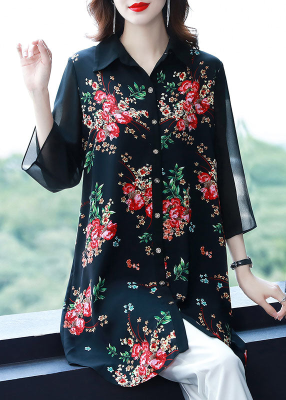 Beautiful Black Peter Pan Collar Print Patchwork Chiffon Shirts Bracelet Sleeve TF1032