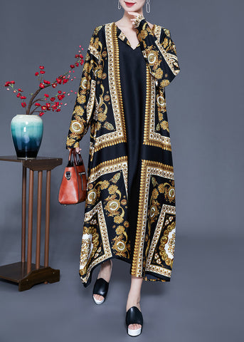 Beautiful Black V Neck Oversized Print Silk Ankle Dress Spring LY0938