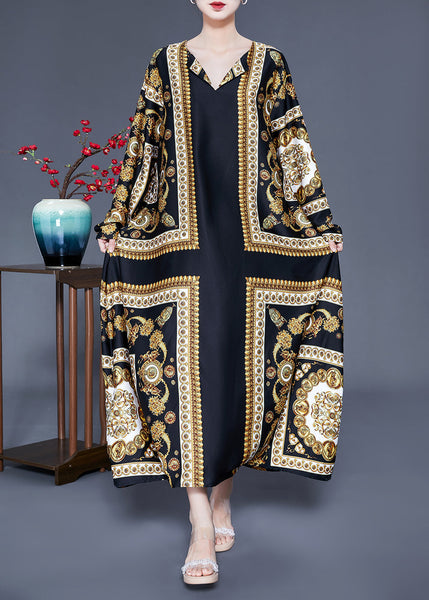 Beautiful Black V Neck Oversized Print Silk Ankle Dress Spring LY0938