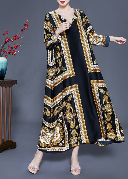 Beautiful Black V Neck Oversized Print Silk Ankle Dress Spring LY0938