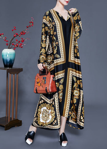Beautiful Black V Neck Oversized Print Silk Ankle Dress Spring LY0938