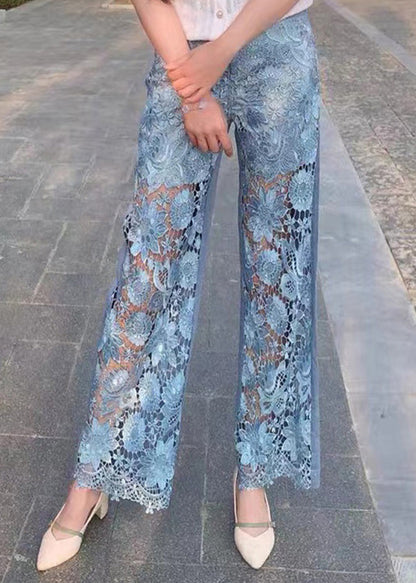 Beautiful Blue Lace Patchwork High Waist Wide Leg Jeans Summer TY1037